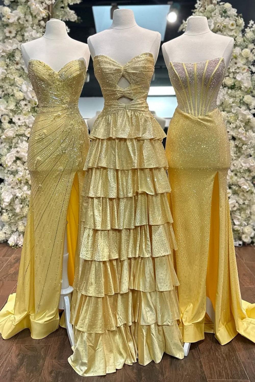 Suzhoufashion Strapless Hot A-Line Prom Dress With Keyhole Bodice Ruffle Skirt Slit And Lace Up Back Formal Evening Gown