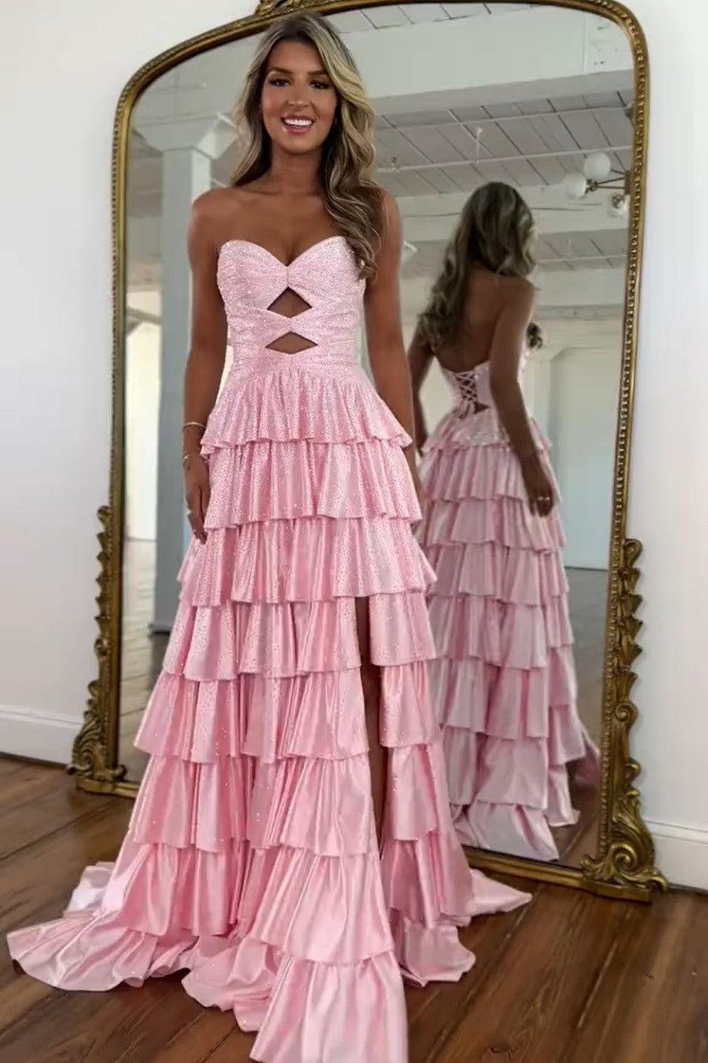 Suzhoufashion Strapless Hot A-Line Prom Dress With Keyhole Bodice Ruffle Skirt Slit And Lace Up Back Formal Evening Gown