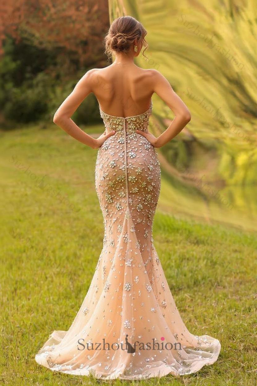 Suzhoufashion Strapless Prom Dress Mermaid Rhinestones Champagne Formal Dress