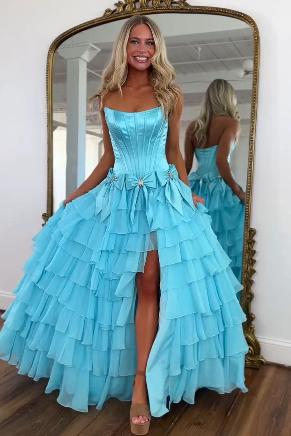 Suzhoufashion Strapless Tiered Princess A-Line Prom Dress With Slit And Bow Formal Evening Gown