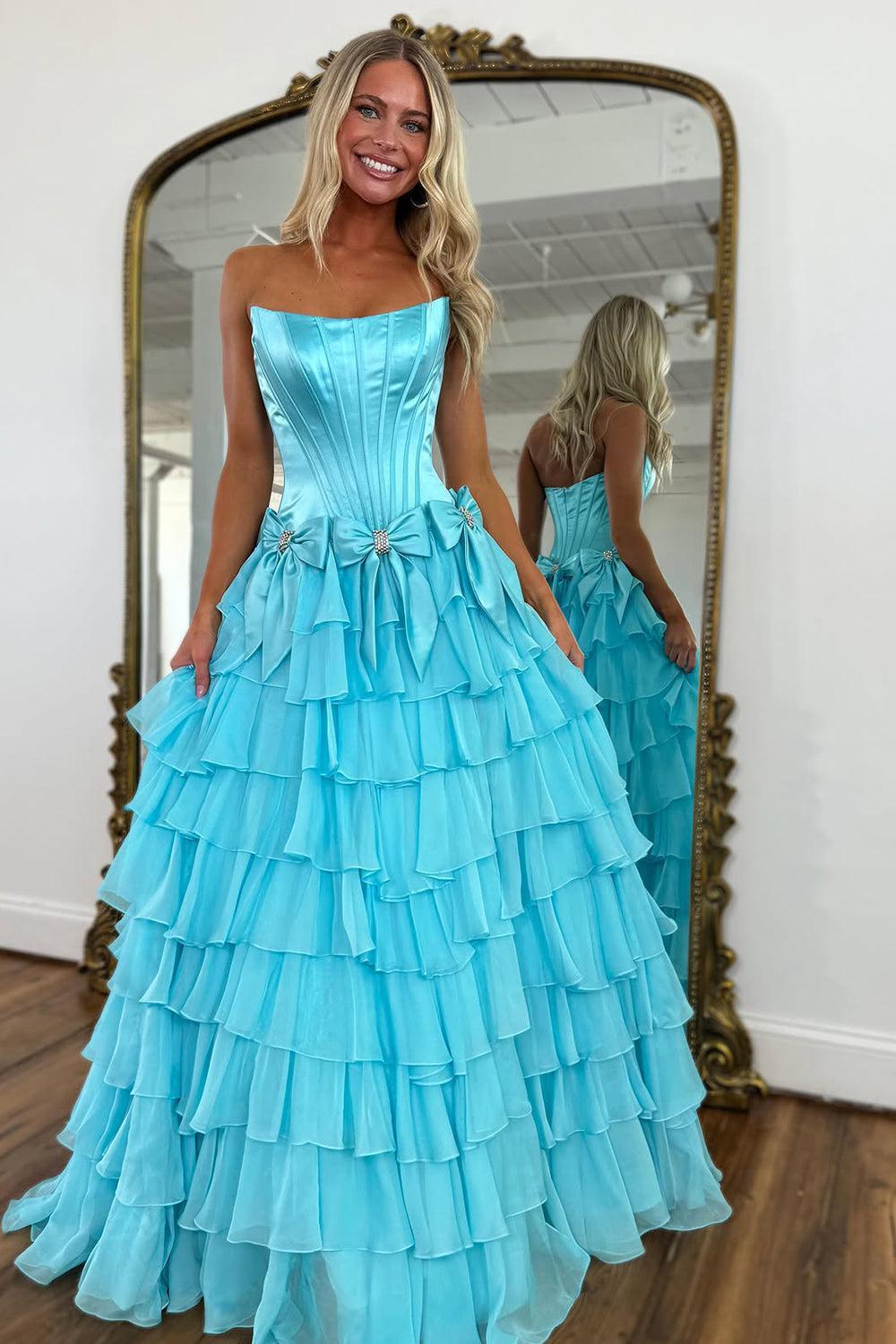 Suzhoufashion Strapless Tiered Princess A-Line Prom Dress With Slit And Bow Formal Evening Gown