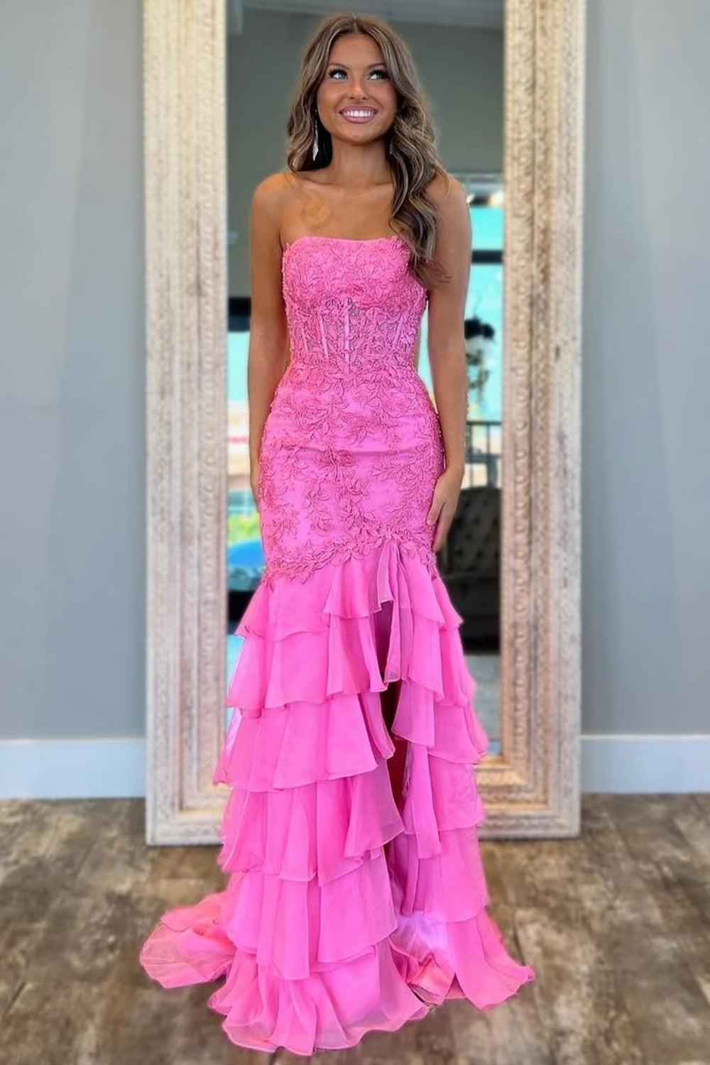 Suzhoufashion Stunning Mermaid Strapless Zipper Back Lace Corset Prom Dress With Ruffle Skirt Formal Evening Gown