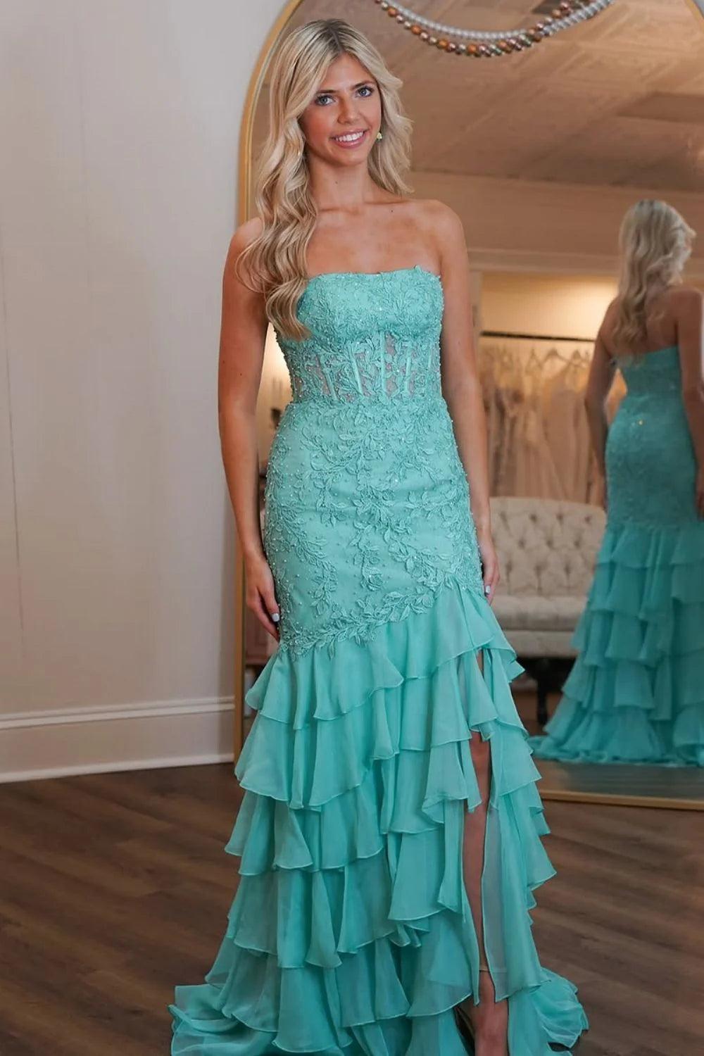 Suzhoufashion Stunning Mermaid Strapless Zipper Back Lace Corset Prom Dress With Ruffle Skirt Formal Evening Gown