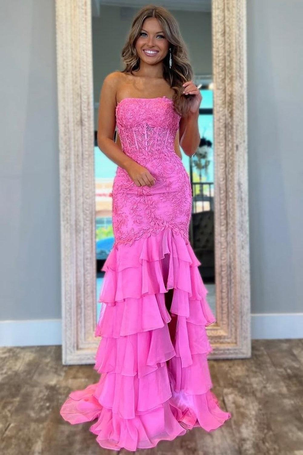 Suzhoufashion Stunning Mermaid Strapless Zipper Back Lace Corset Prom Dress With Ruffle Skirt Formal Evening Gown