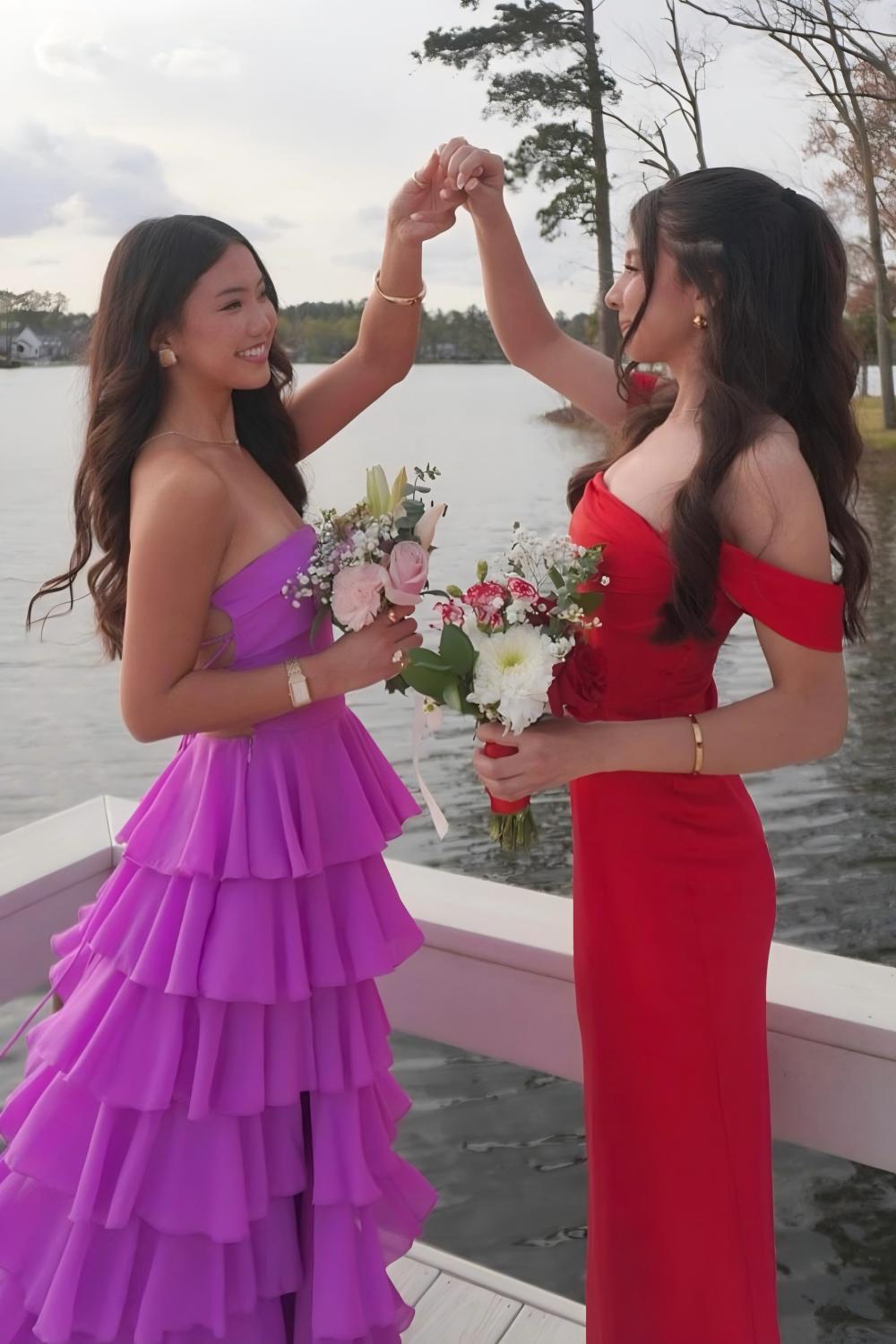 Suzhoufashion Stylish A Line Strapless Purple Long Prom Dress With Ruffles Split Front Formal Evening Gown