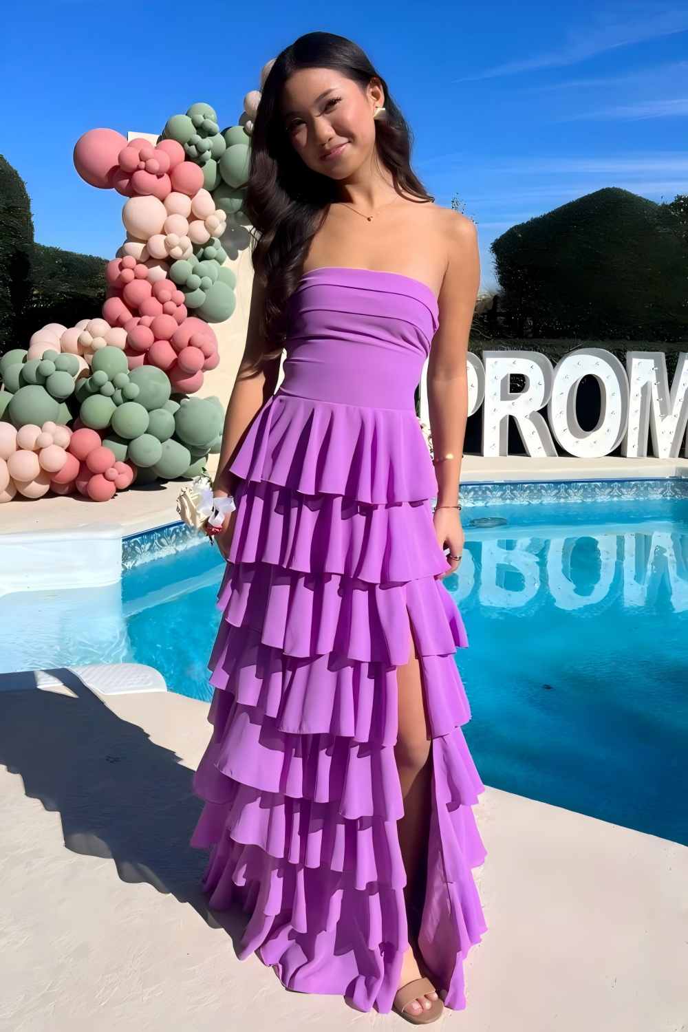 Suzhoufashion Stylish A Line Strapless Purple Long Prom Dress With Ruffles Split Front Formal Evening Gown