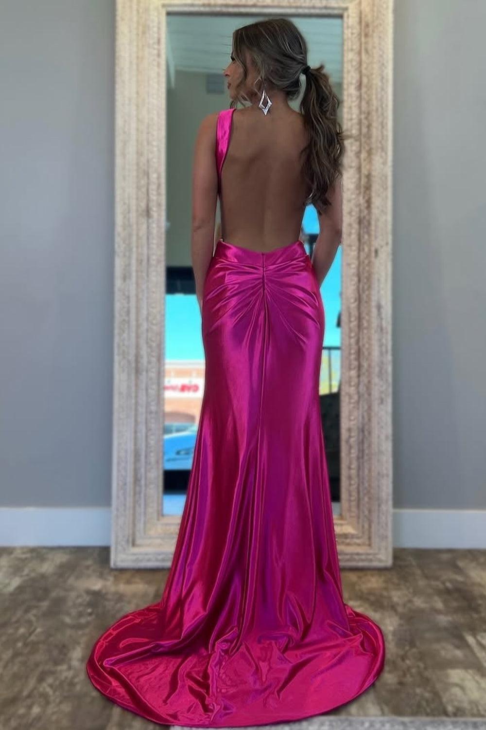 Suzhoufashion Stylish Fuchsia Metallic Mermaid Prom Dress With Slit And Open Back Formal Evening Gown