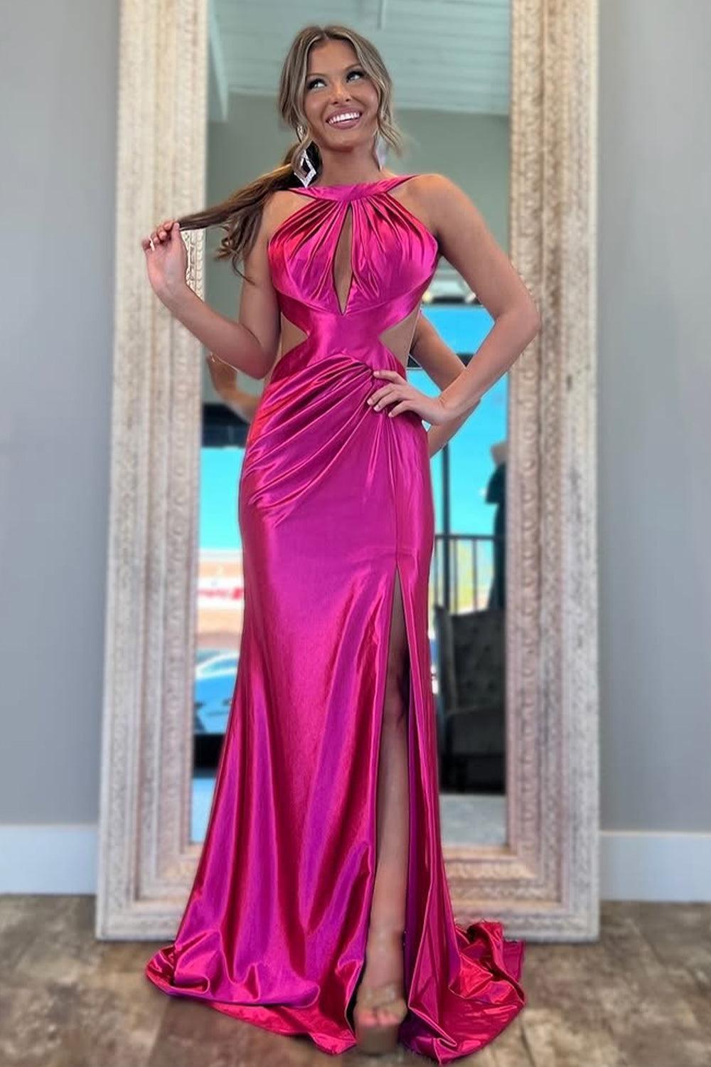 Suzhoufashion Stylish Fuchsia Metallic Mermaid Prom Dress With Slit And Open Back Formal Evening Gown