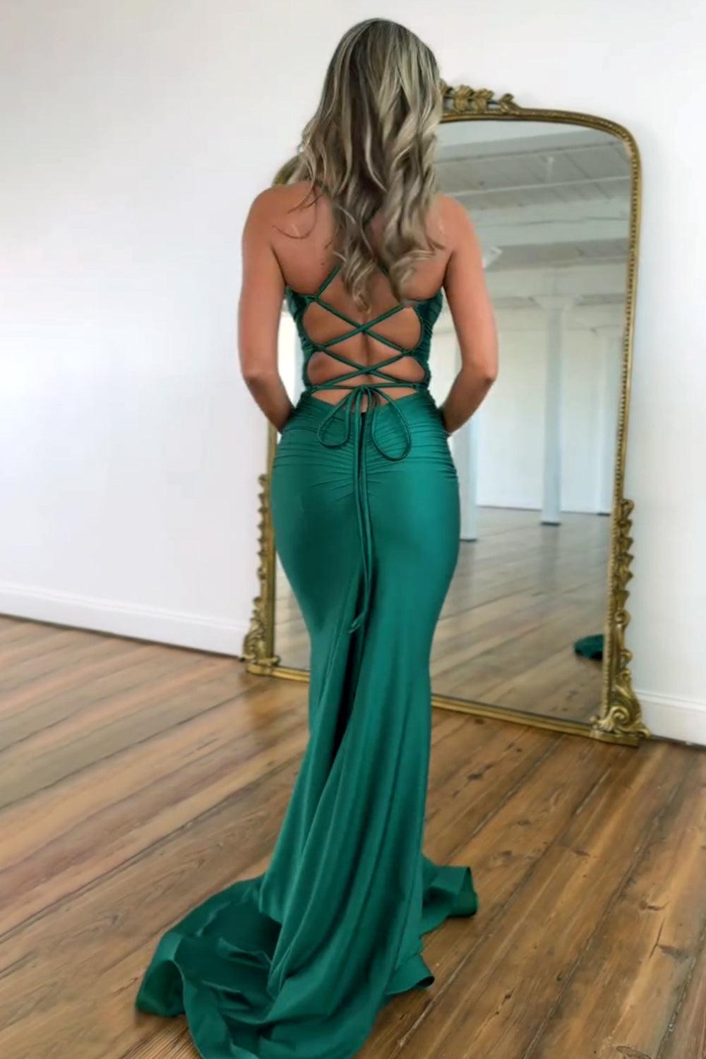 Suzhoufashion Stylish Mermaid Spaghetti Straps Green Long Satin Prom Dress With Lace Up Formal Evening Gown