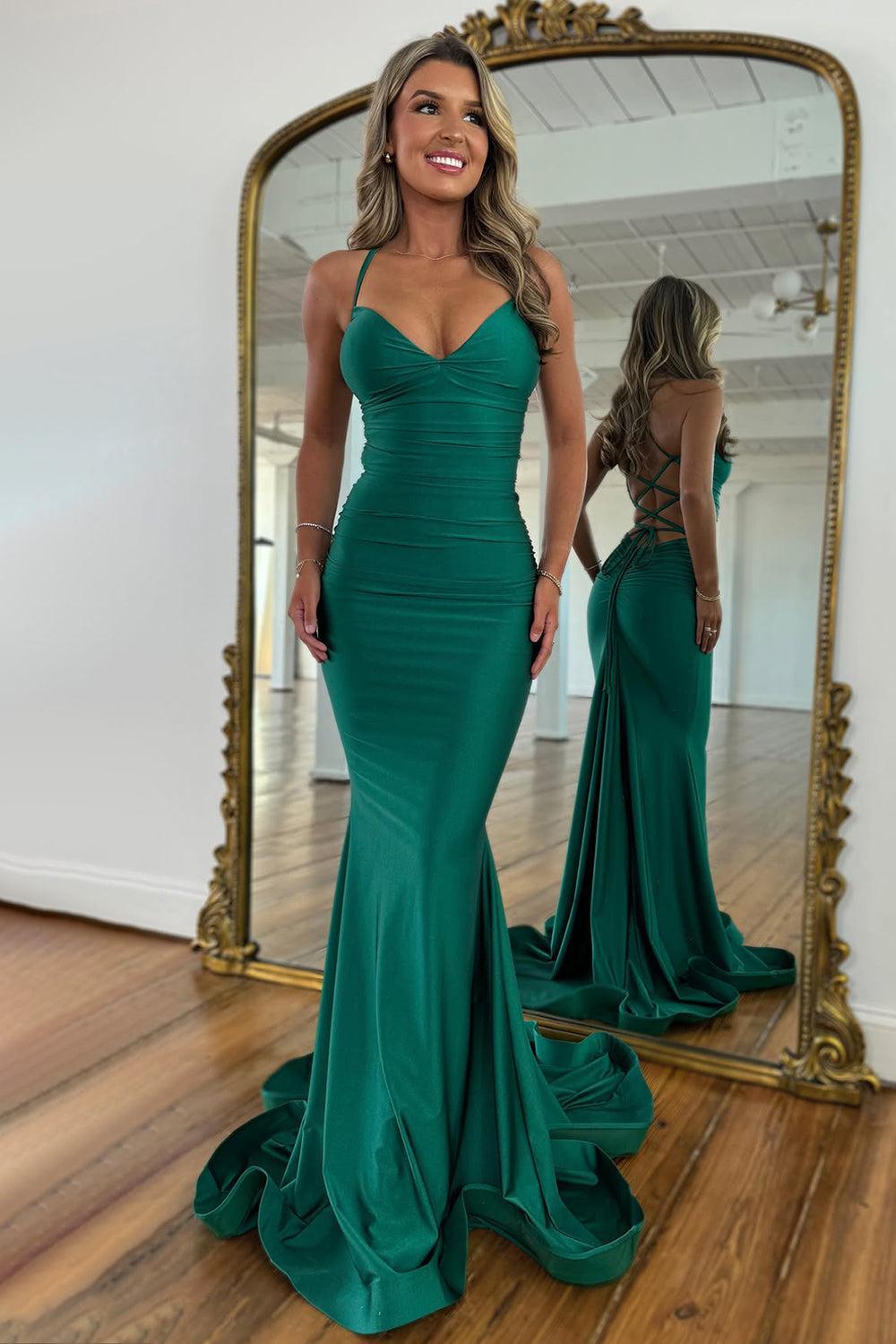 Suzhoufashion Stylish Mermaid Spaghetti Straps Green Long Satin Prom Dress With Lace Up Formal Evening Gown