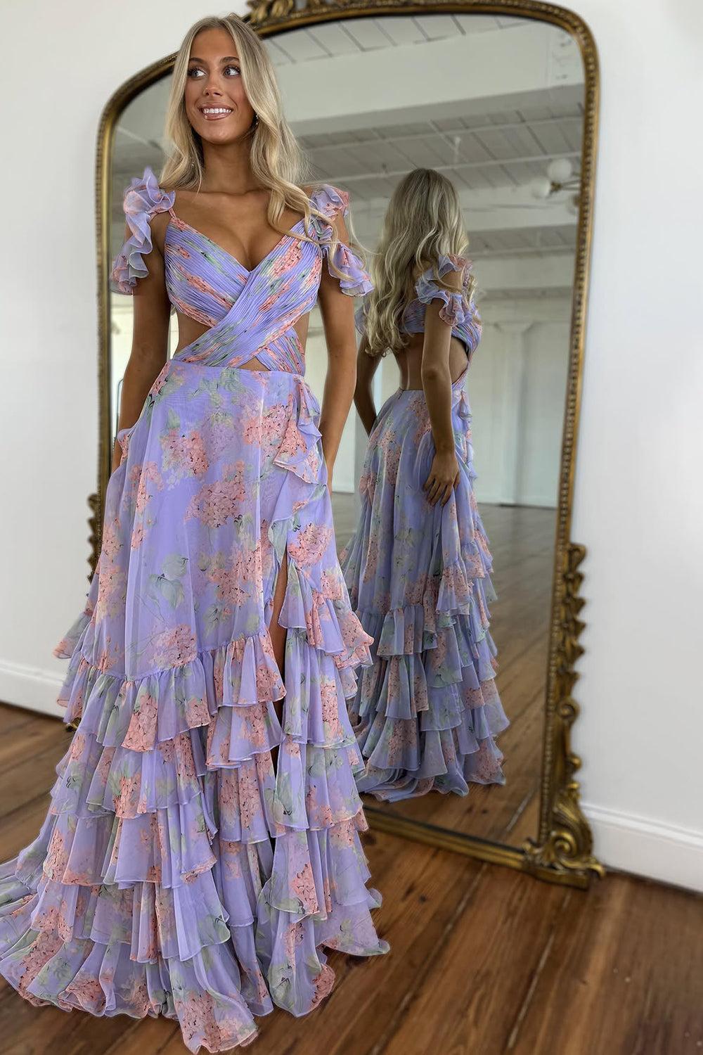 Suzhoufashion Stylish Purple Print A Line Off The Shoulder Long Layered Prom Dress With Slit Formal Evening Gown