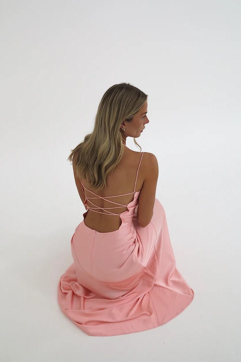 Suzhoufashion Stylish Sheath Spaghetti Straps Pink Party Dress With Criss Cross Back Formal Evening Gown