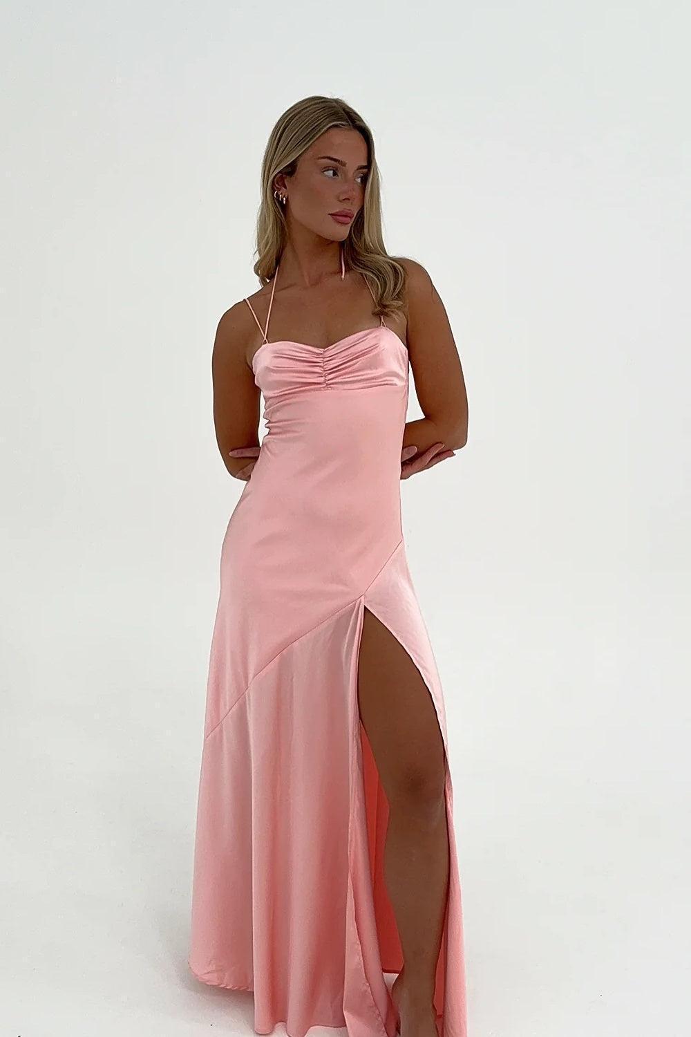 Suzhoufashion Stylish Sheath Spaghetti Straps Pink Party Dress With Criss Cross Back Formal Evening Gown