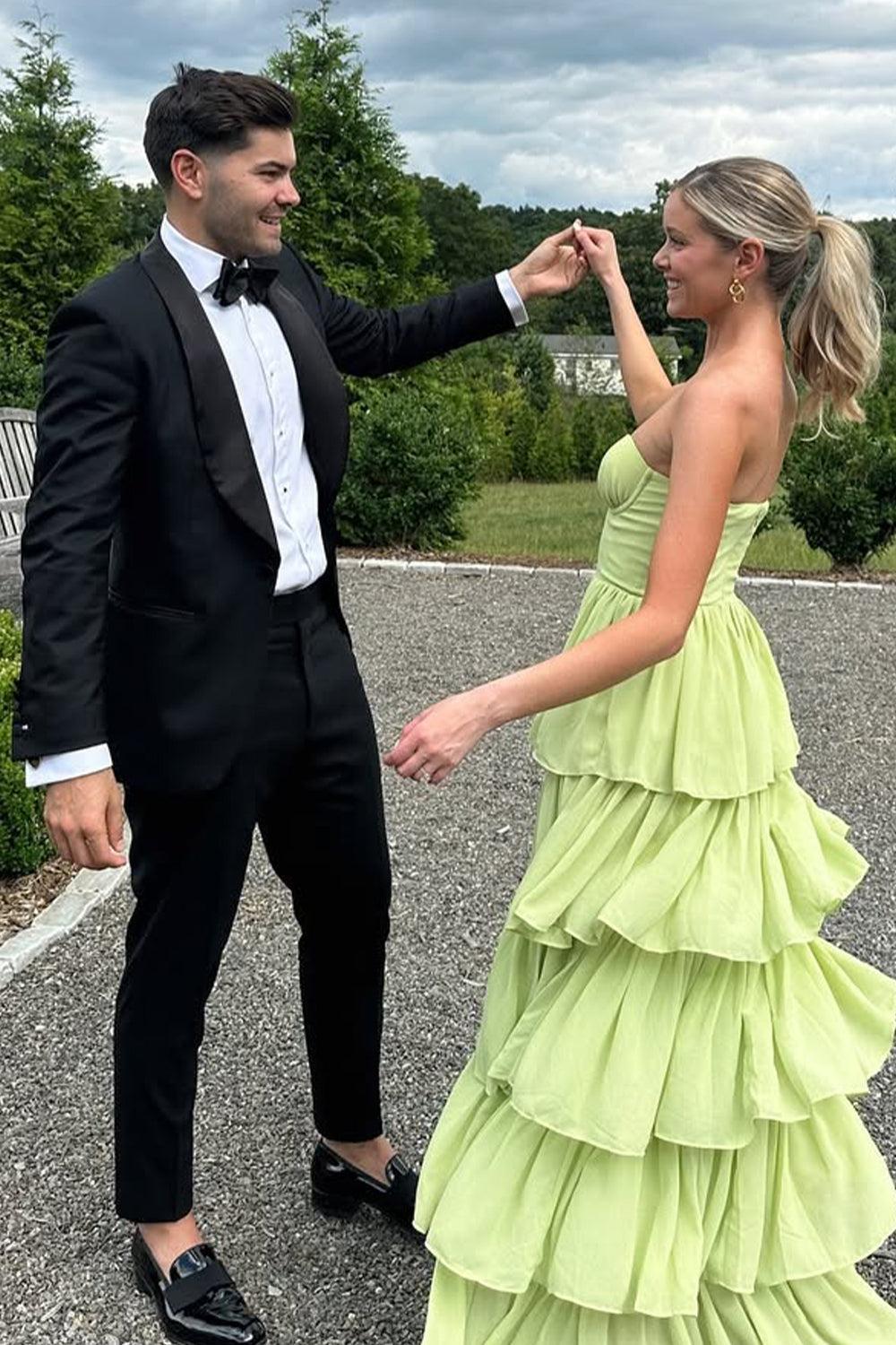 Suzhoufashion Sweetheart Light Green Layered Ruffle Evening Dress With Slit Formal Evening Gown