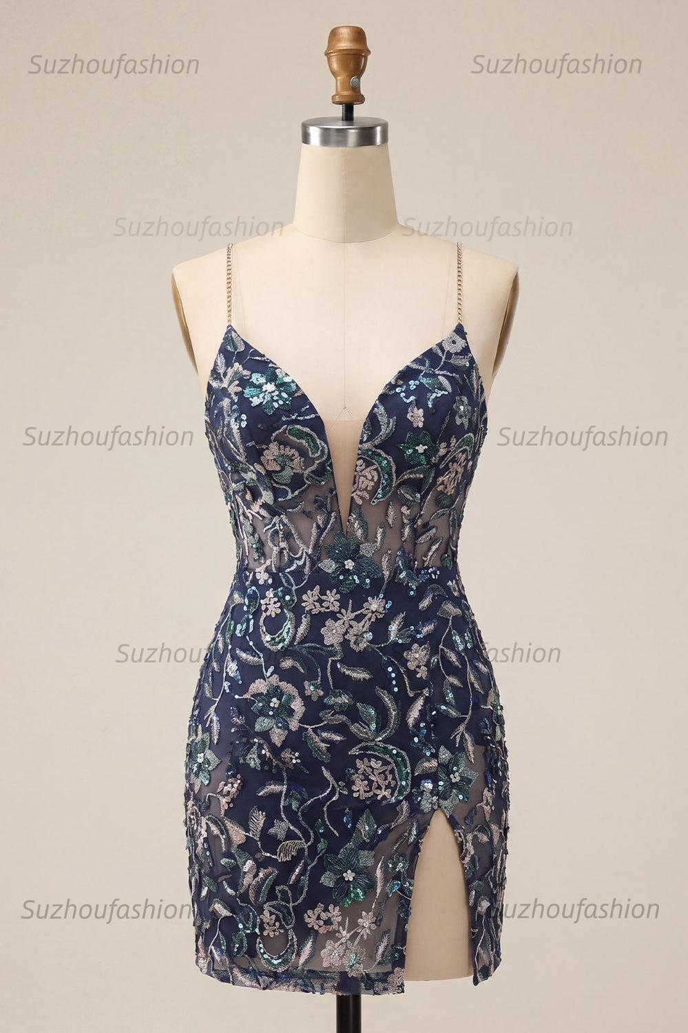 Suzhoufashion Tight Sequins Floral Navy Short Homecoming Dress with Slit