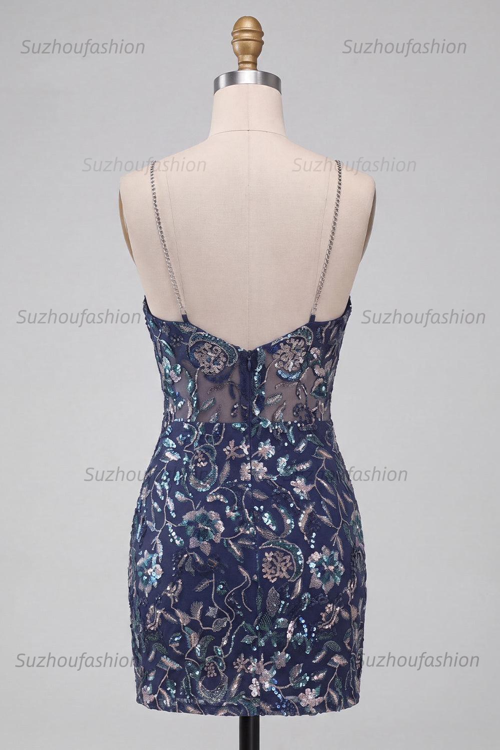 Suzhoufashion Tight Sequins Floral Navy Short Homecoming Dress with Slit