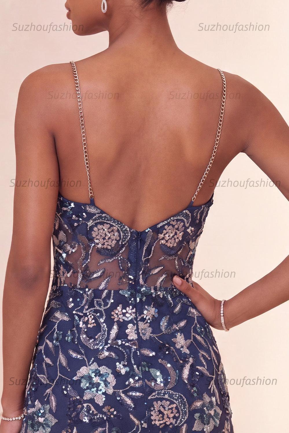 Suzhoufashion Tight Sequins Floral Navy Short Homecoming Dress with Slit
