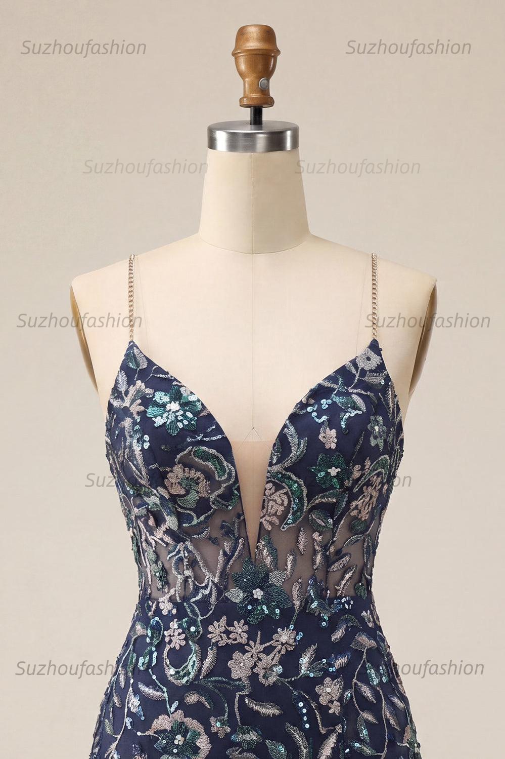 Suzhoufashion Tight Sequins Floral Navy Short Homecoming Dress with Slit