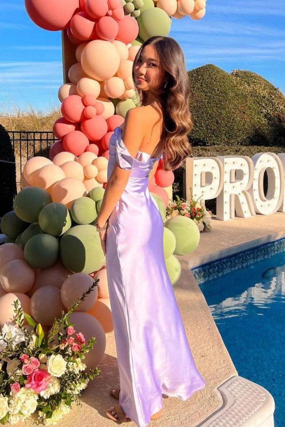 Suzhoufashion Trendy Sheath Off The Shoulder Lilac Prom Dress With Ruched Formal Evening Gown