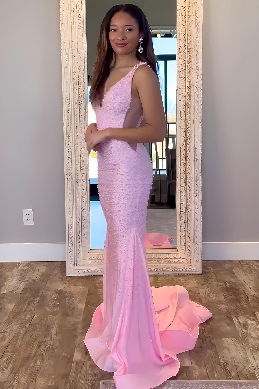 Suzhoufashion V-Neck Beaded Mermaid Prom Dress With Side Illusion Formal Evening Gown