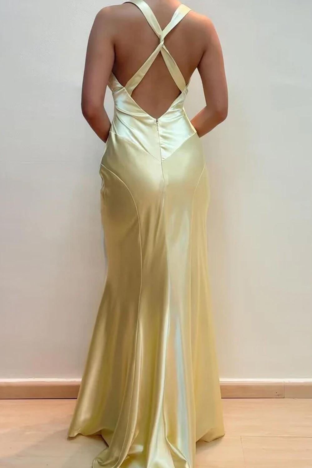 Suzhoufashion V-Neck Cross Back Yellow Satin Prom Gown With Ruched Detailing Formal Evening Gown
