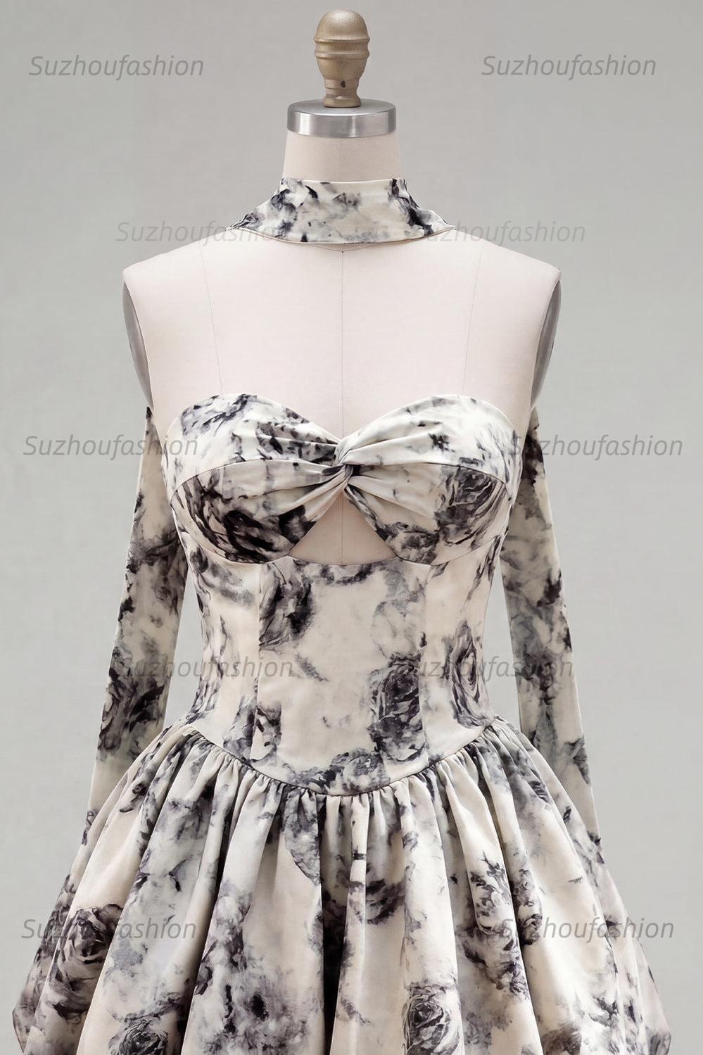 Suzhoufashion White & Black Floral Strapless Keyhole A-Line Short Homecoming Dress
