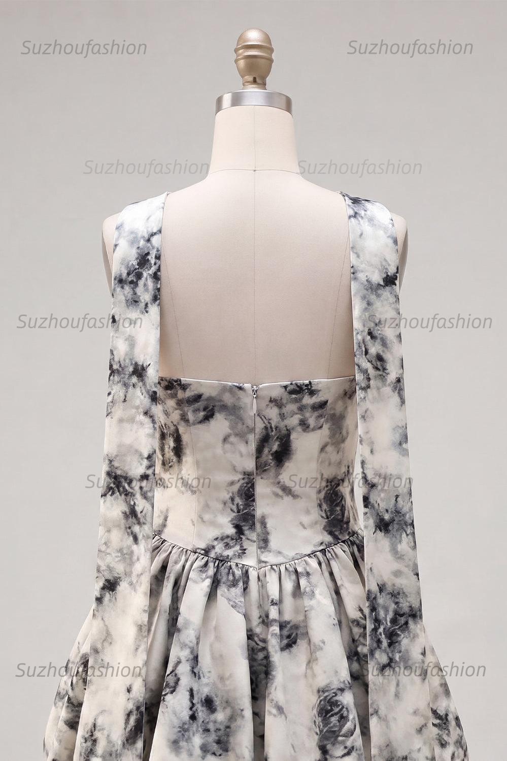 Suzhoufashion White & Black Floral Strapless Keyhole A-Line Short Homecoming Dress