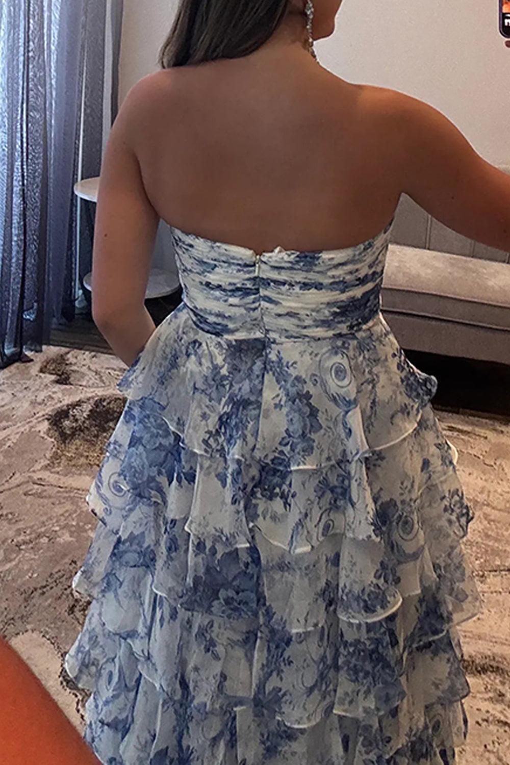Suzhoufashion White Blue Floral Prom Dress Sweetheart A Line Tiered Ruffled Long Formal Dress With Bow