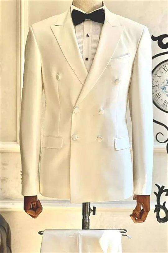 Suzhoufashion White Double Breasted Peaked Lapel Two Pieces Wedding Men Suits