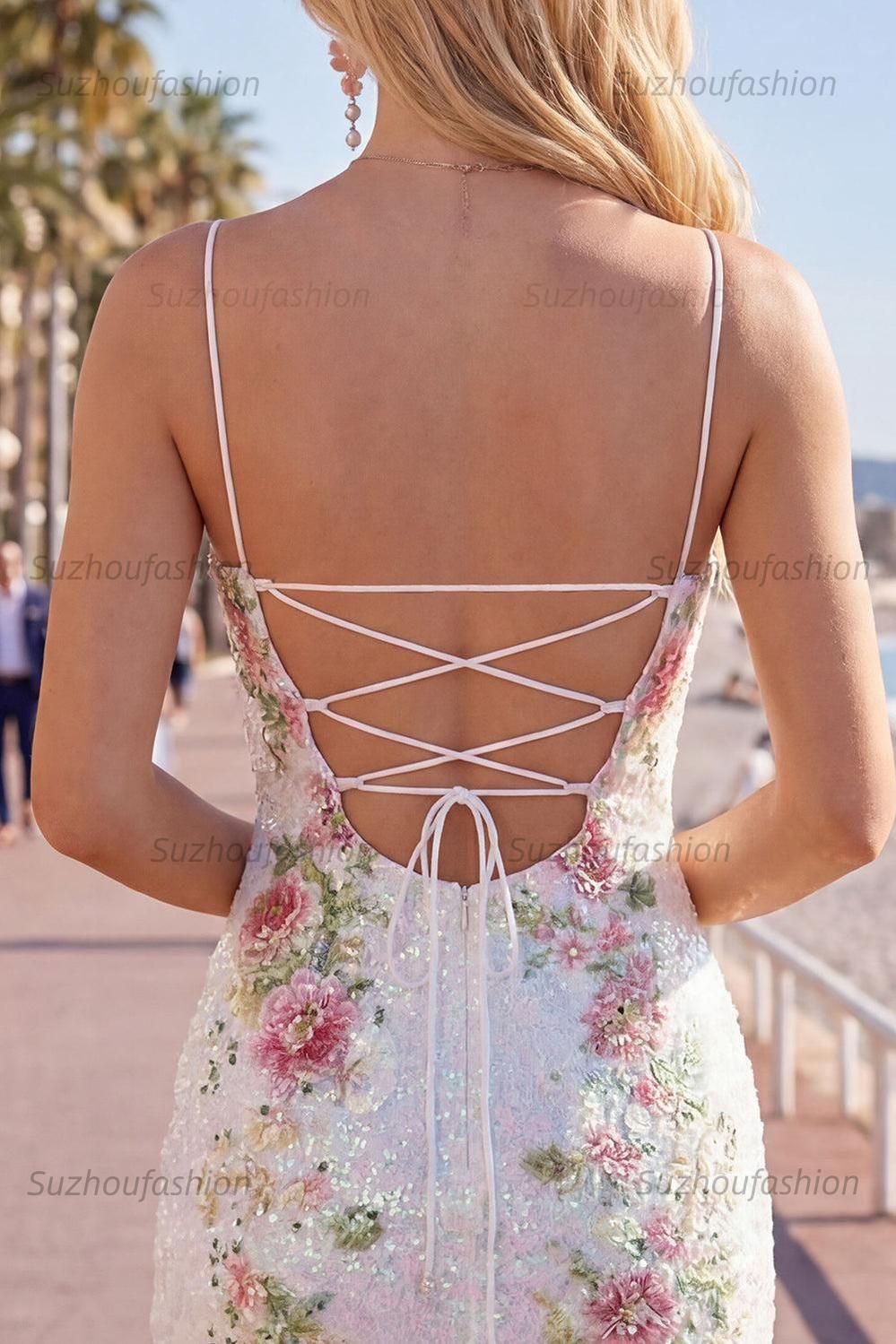 Suzhoufashion White Floral Spaghetti Straps Tight Short Homecoming Dress with Slit