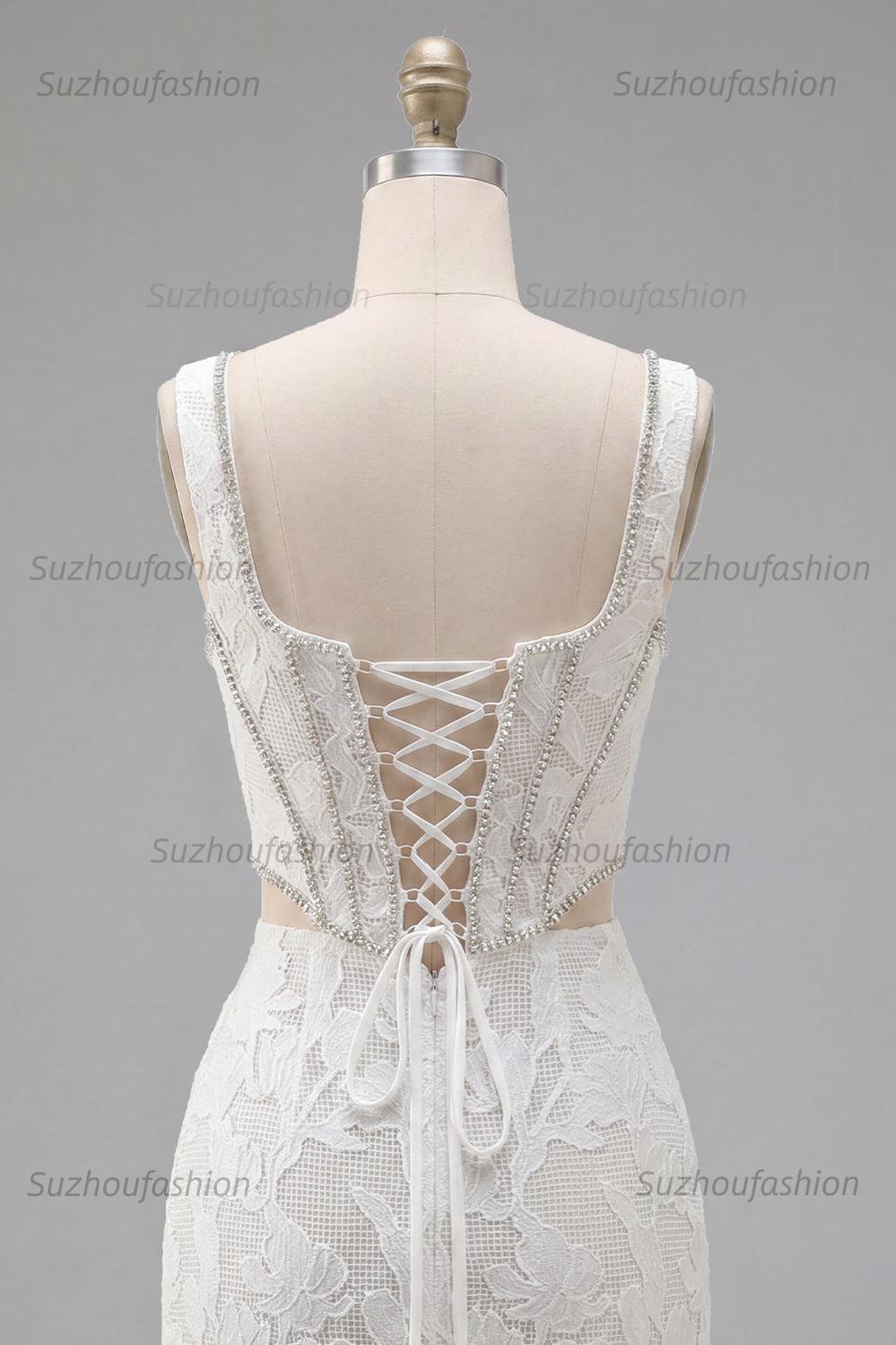 Suzhoufashion White Floral Square Neck Cut-Out Corset Tight Short Homecoming Dress
