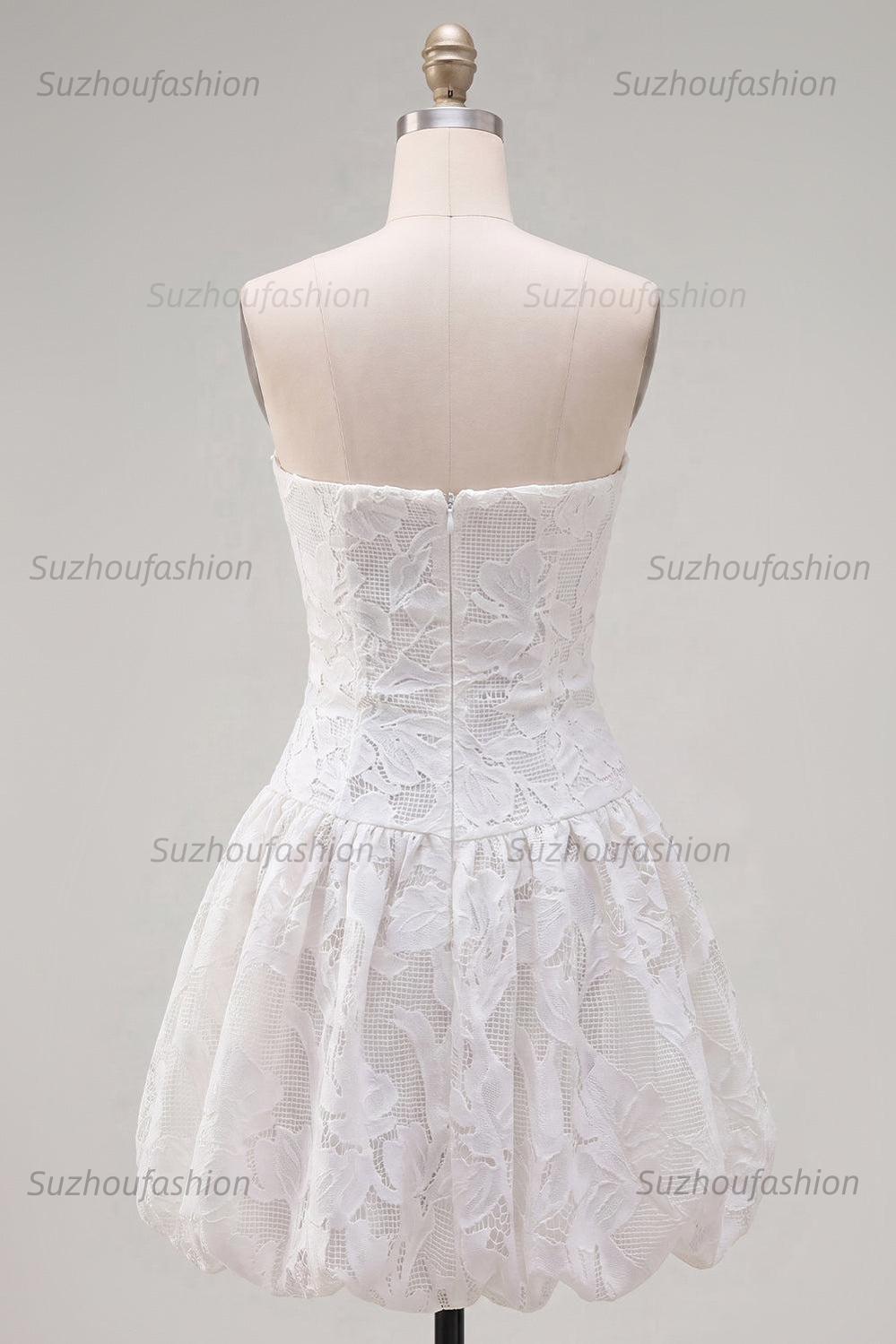 Suzhoufashion White Floral Strapless A-Line Short Homecoming Dress
