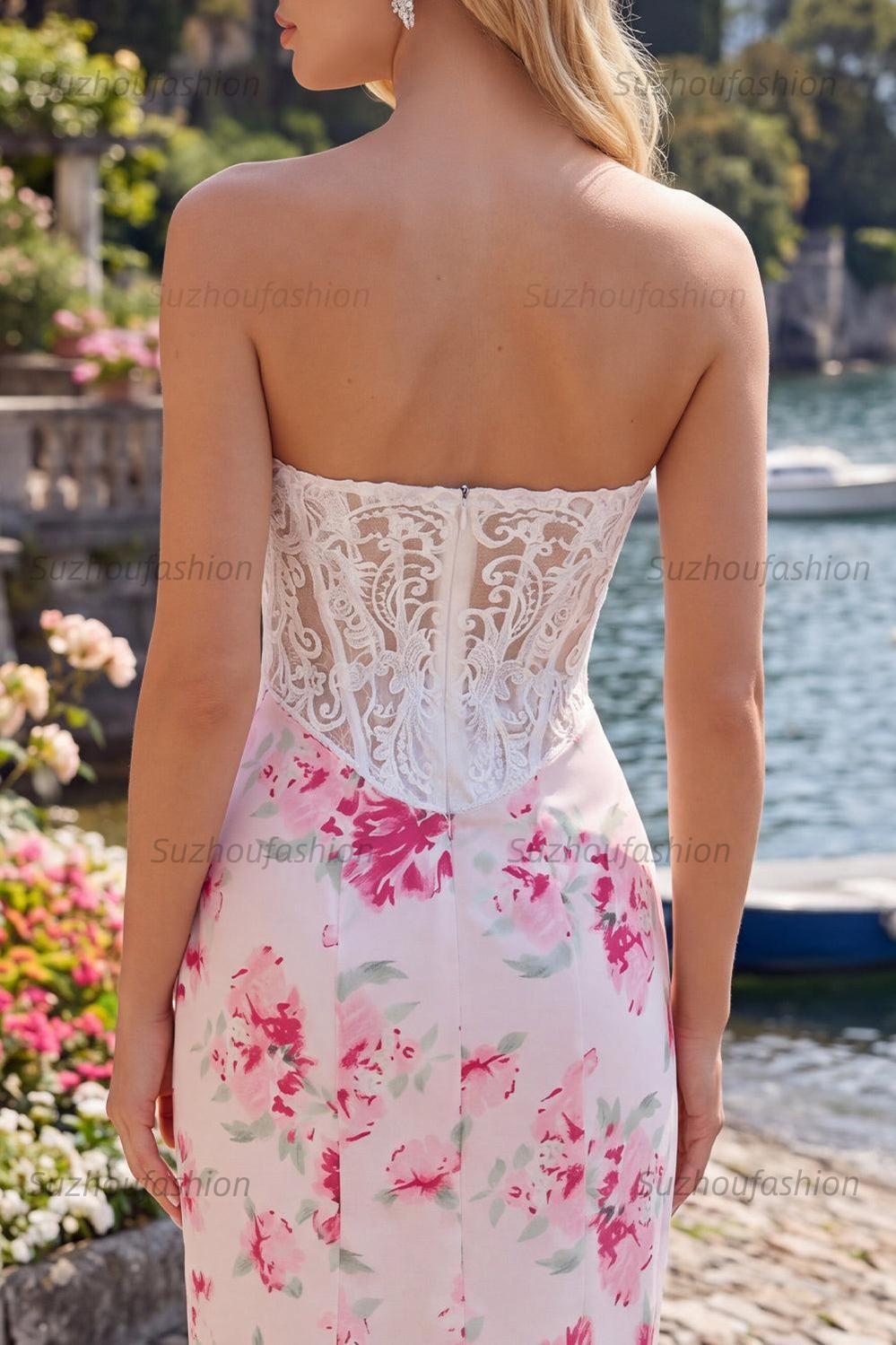 Suzhoufashion White & Fuchsia Floral Sweetheart Lace Corset Tight Short Homecoming Dress