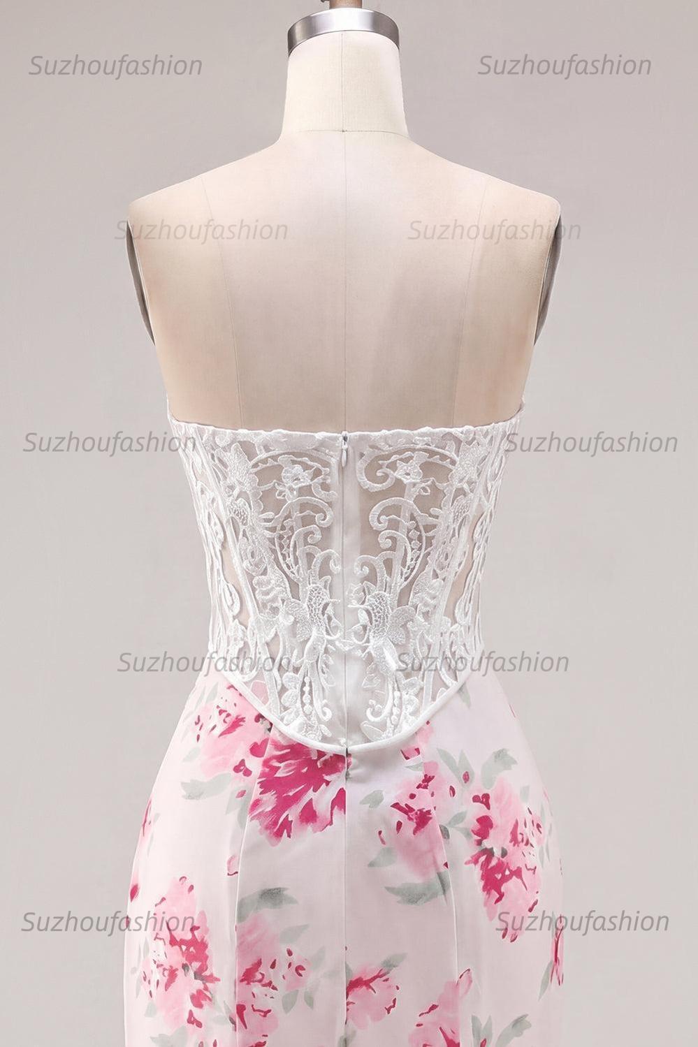 Suzhoufashion White & Fuchsia Floral Sweetheart Lace Corset Tight Short Homecoming Dress