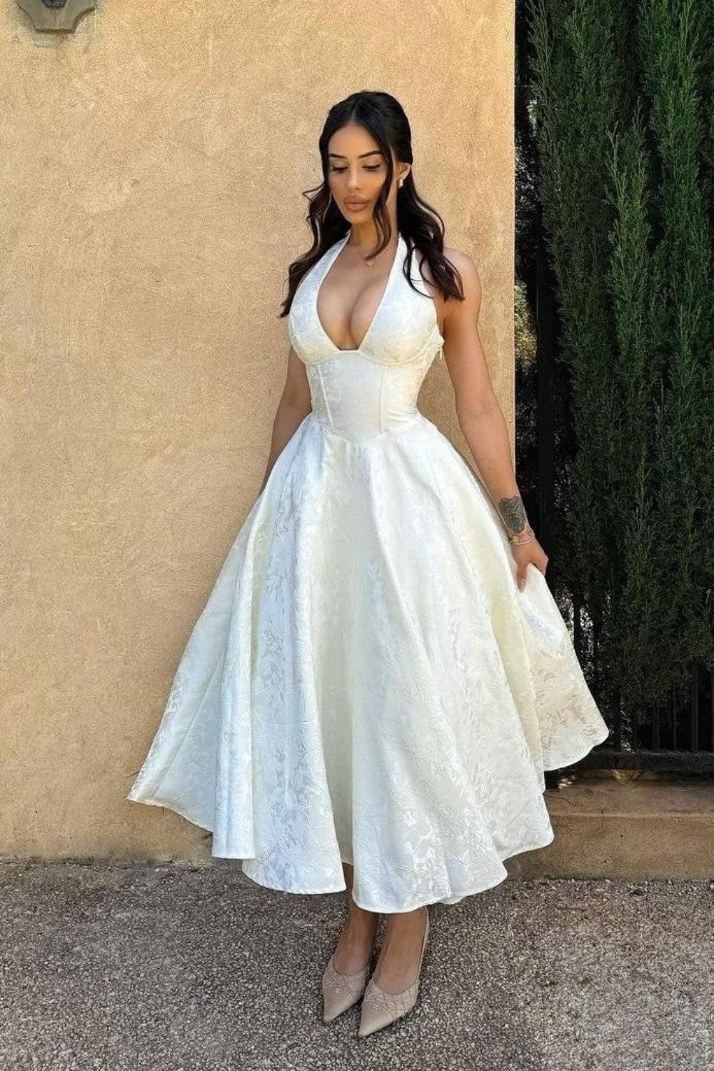 Suzhoufashion White Halter A-Line Jacquard Midi Prom Dress With Structured Corset Bodice Formal Evening Gown