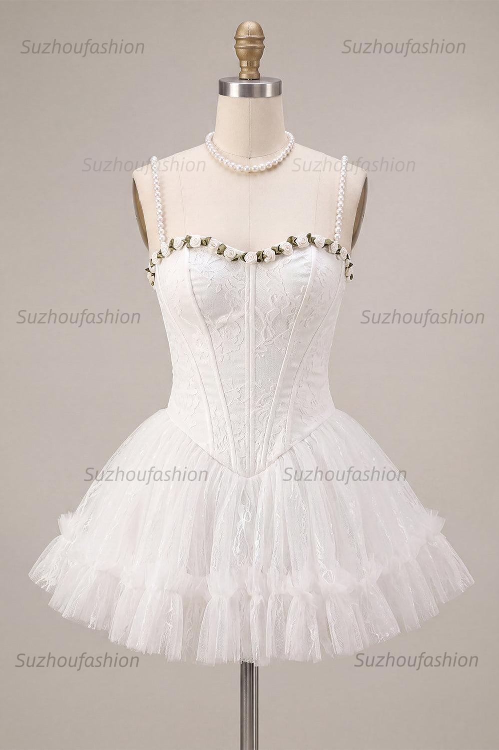 Suzhoufashion White Lace A-Line Corset Short Homecoming Dress with 3D Flowers