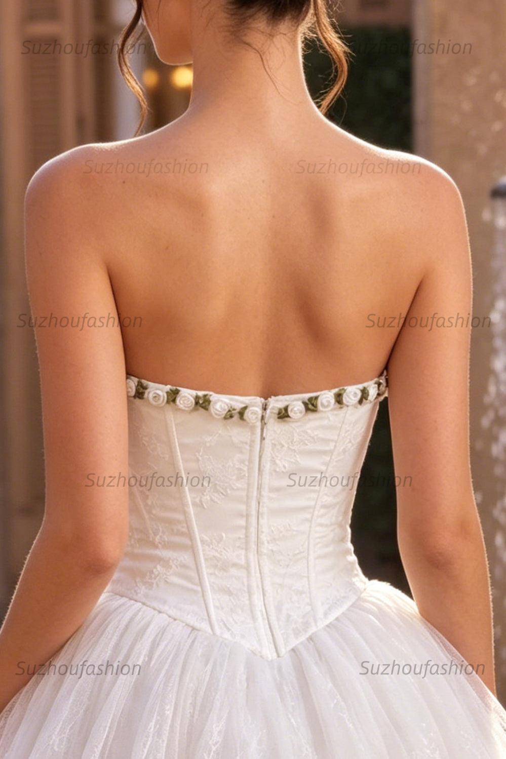 Suzhoufashion White Lace A-Line Corset Short Homecoming Dress with 3D Flowers