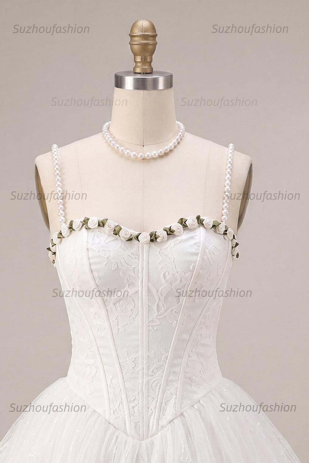 Suzhoufashion White Lace A-Line Corset Short Homecoming Dress with 3D Flowers