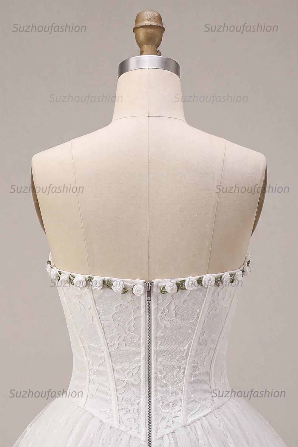 Suzhoufashion White Lace A-Line Corset Short Homecoming Dress with 3D Flowers
