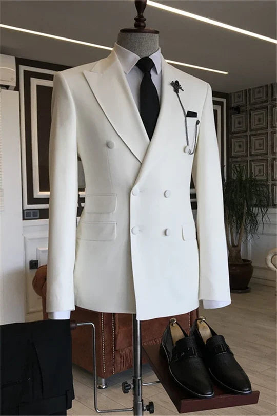 Suzhoufashion White Peaked Lapel Double Breasted Slim Fit Bespoke Men Suits