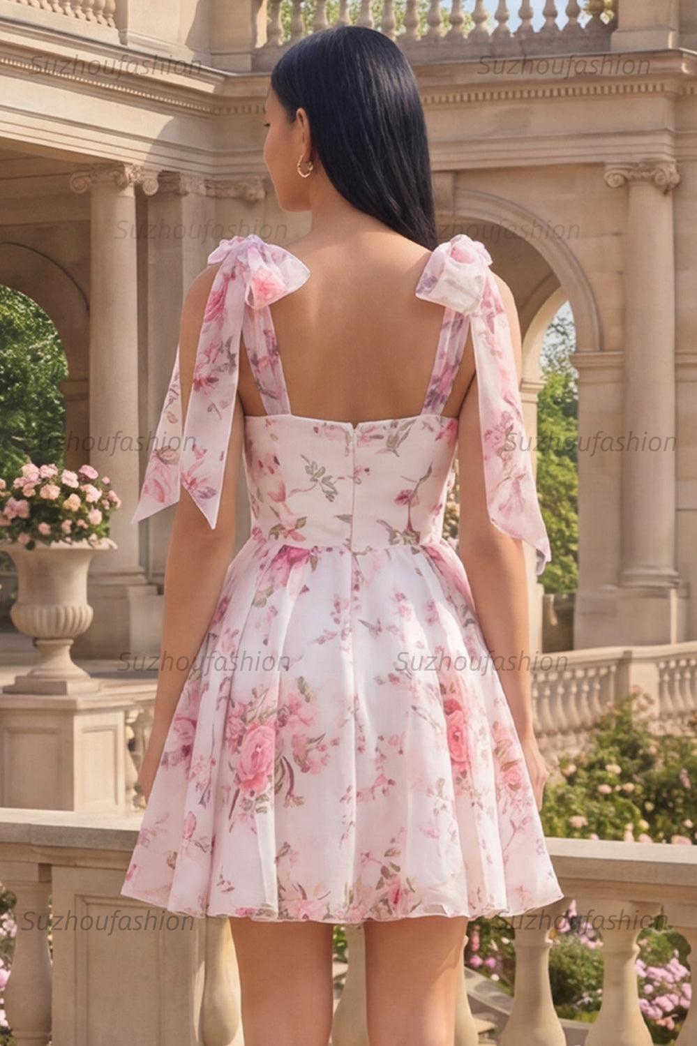 Suzhoufashion White & Pink Floral A-Line Short Homecoming Dress with Bows