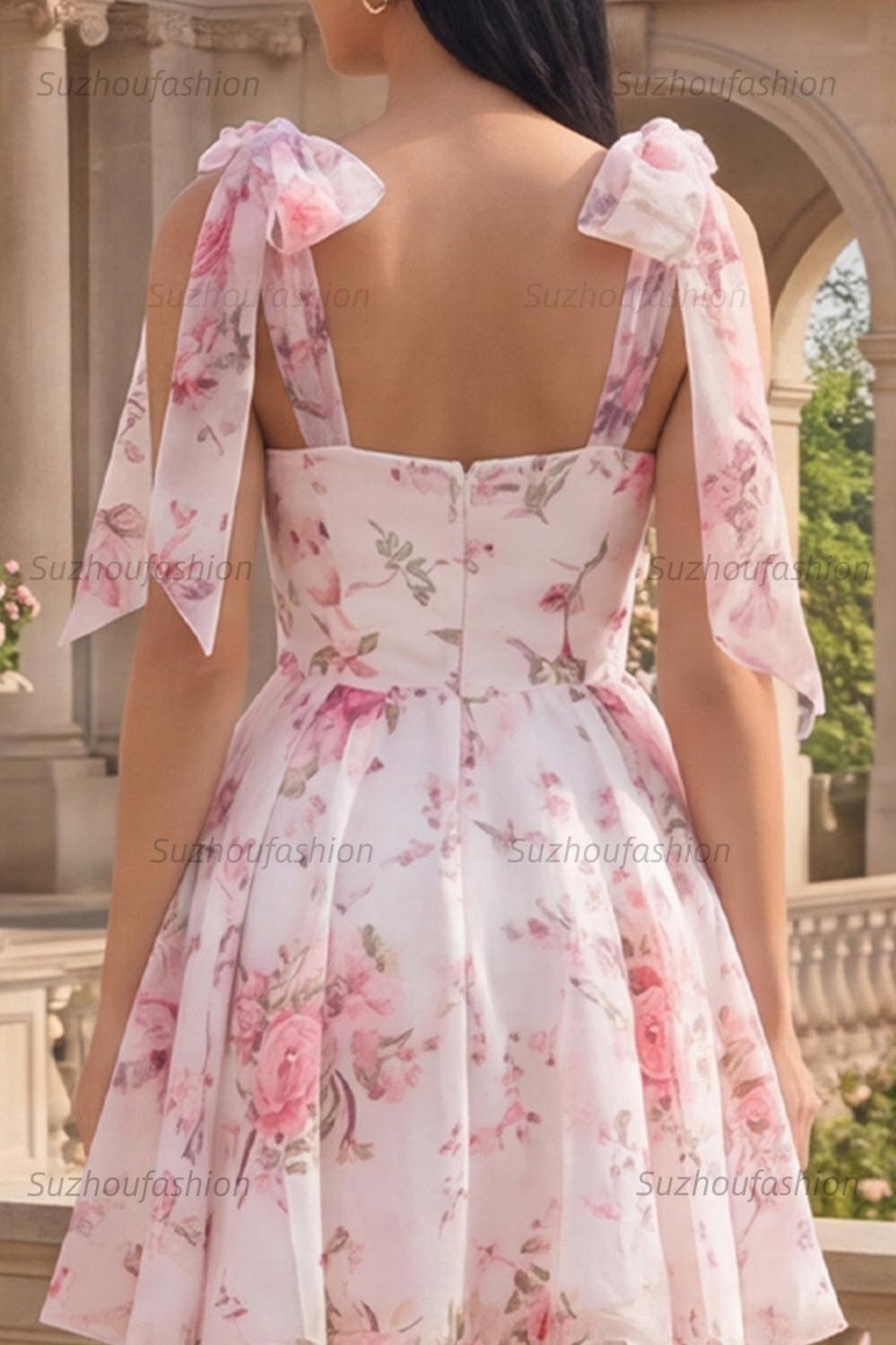 Suzhoufashion White & Pink Floral A-Line Short Homecoming Dress with Bows