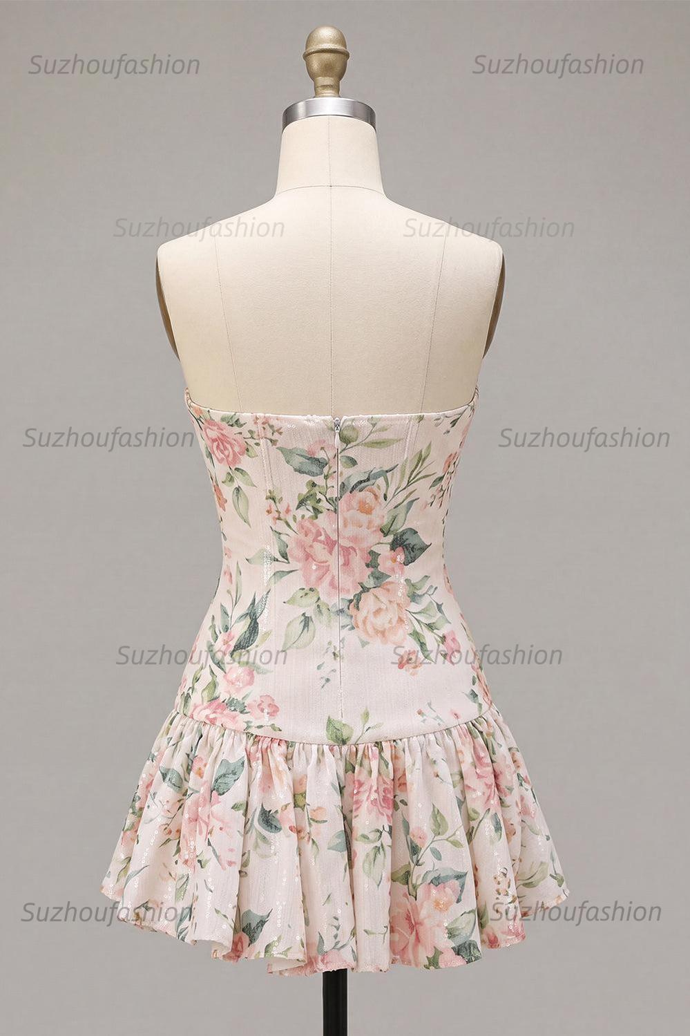 Suzhoufashion White Pink Flower A-Line Sequin Short Homecoming Dress with Neck Scarf
