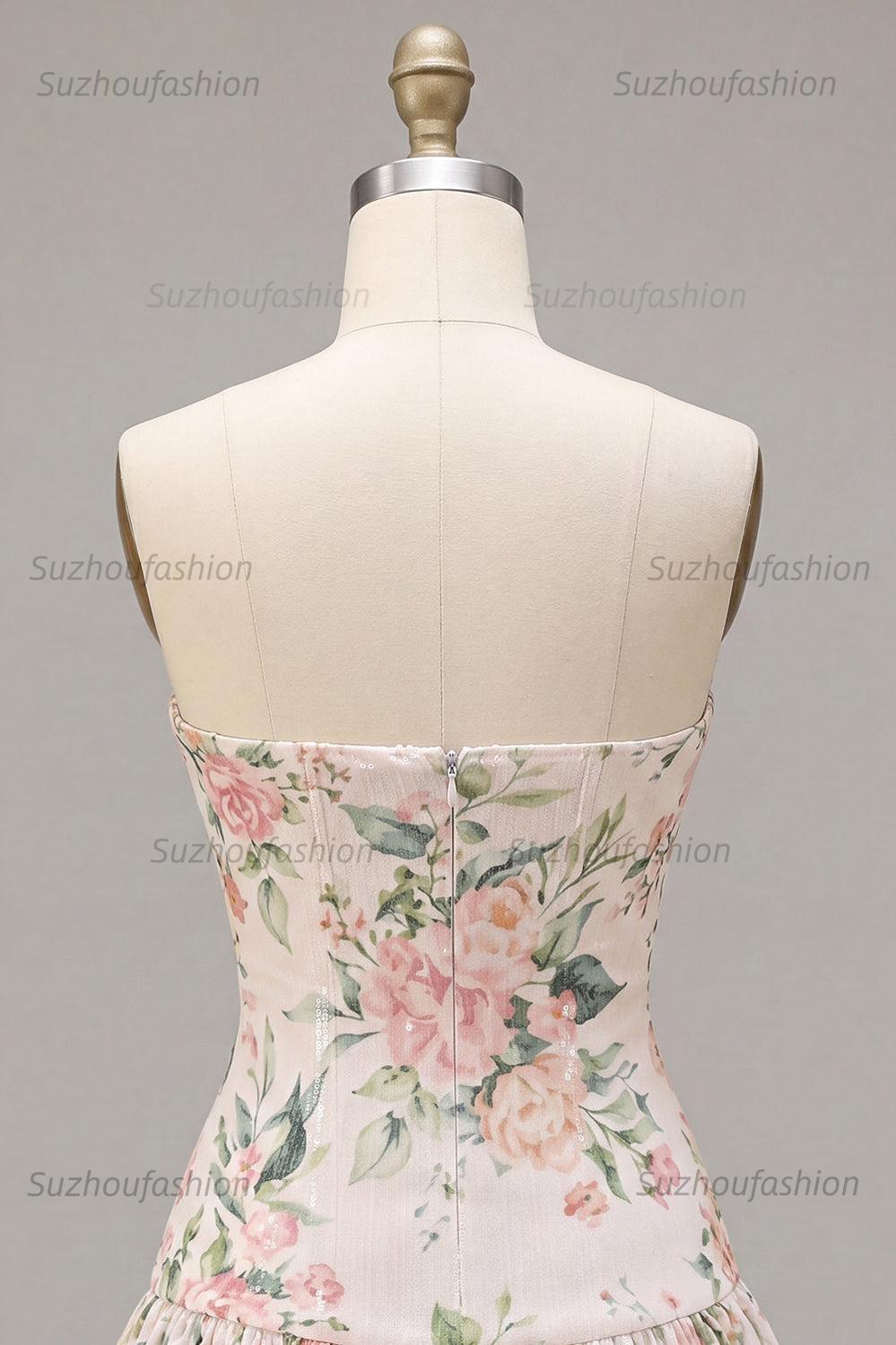 Suzhoufashion White Pink Flower A-Line Sequin Short Homecoming Dress with Neck Scarf