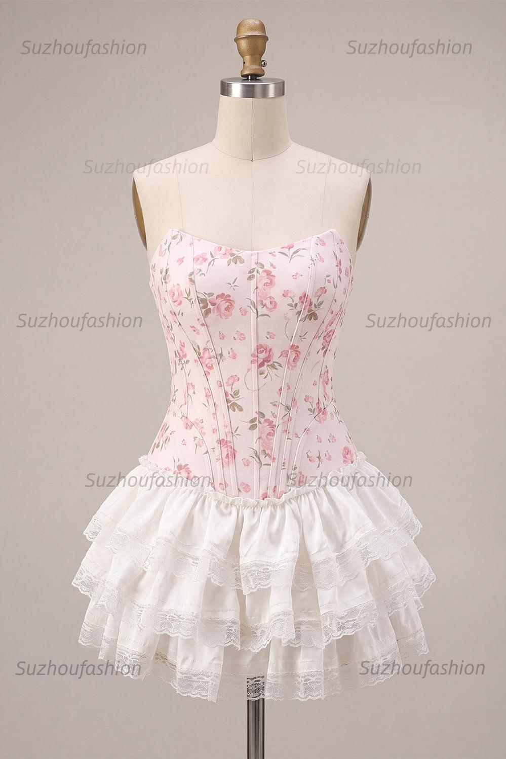 Suzhoufashion White Pink Flower Strapless Corset Short Homecoming Dress with Ruffles