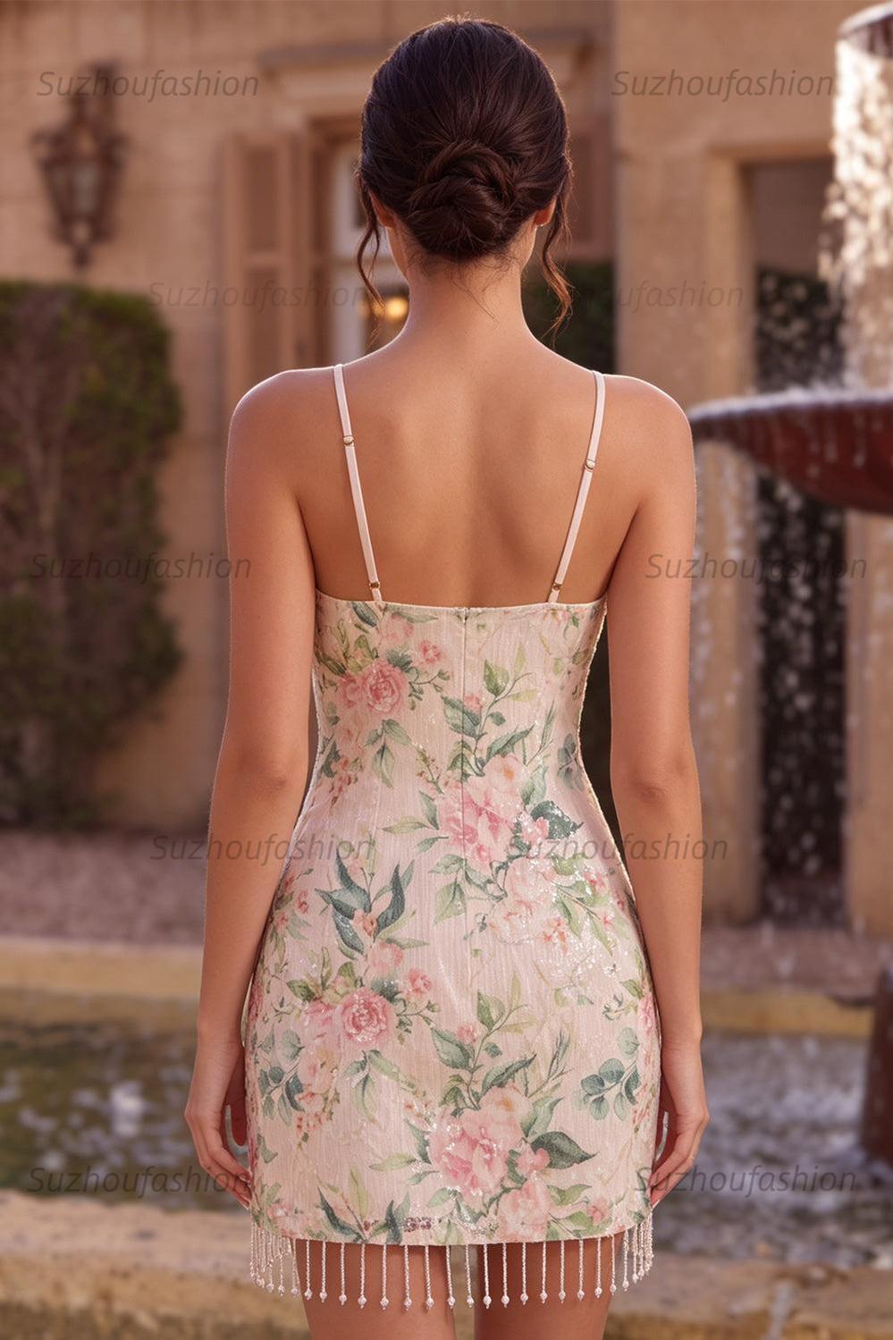 Suzhoufashion White Pink Flower Tight Fringed Sequin Short Homecoming Dress