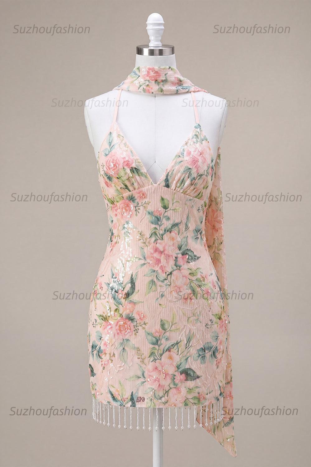 Suzhoufashion White Pink Flower Tight Fringed Sequin Short Homecoming Dress