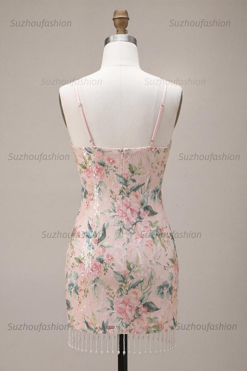 Suzhoufashion White Pink Flower Tight Fringed Sequin Short Homecoming Dress