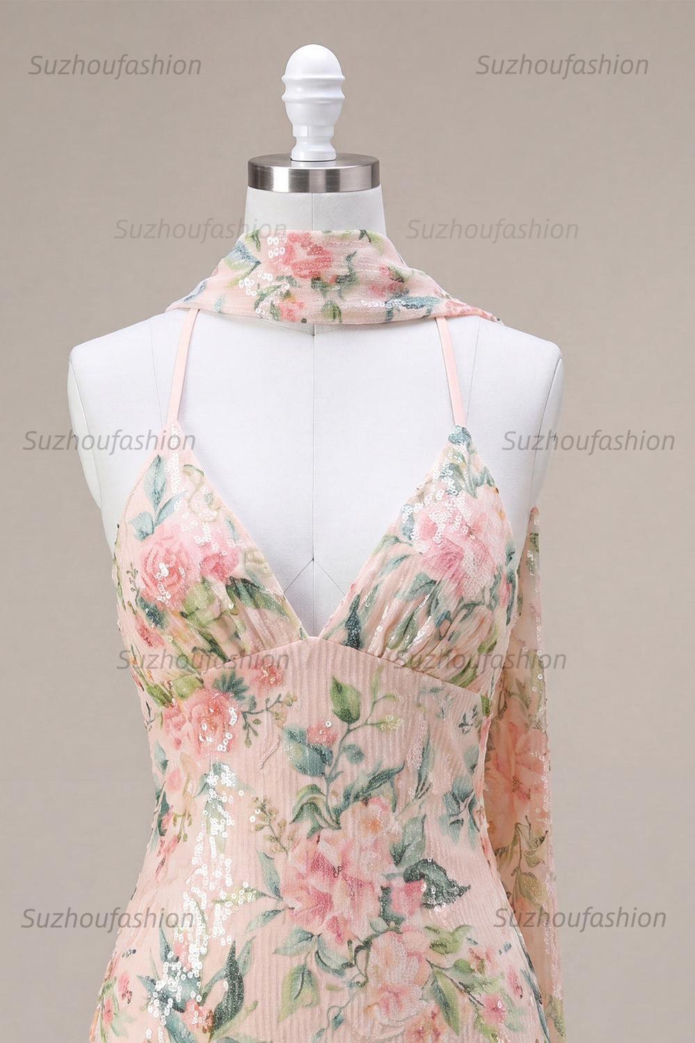 Suzhoufashion White Pink Flower Tight Fringed Sequin Short Homecoming Dress