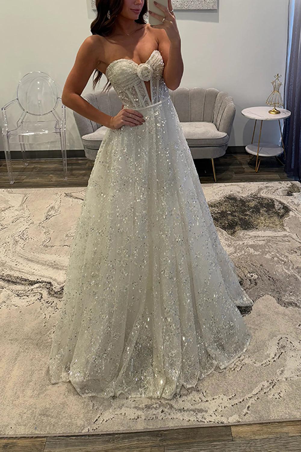 Suzhoufashion White Sequins Prom Dress Sweetheart A Line Corset Long Formal Dress With 3D Flower